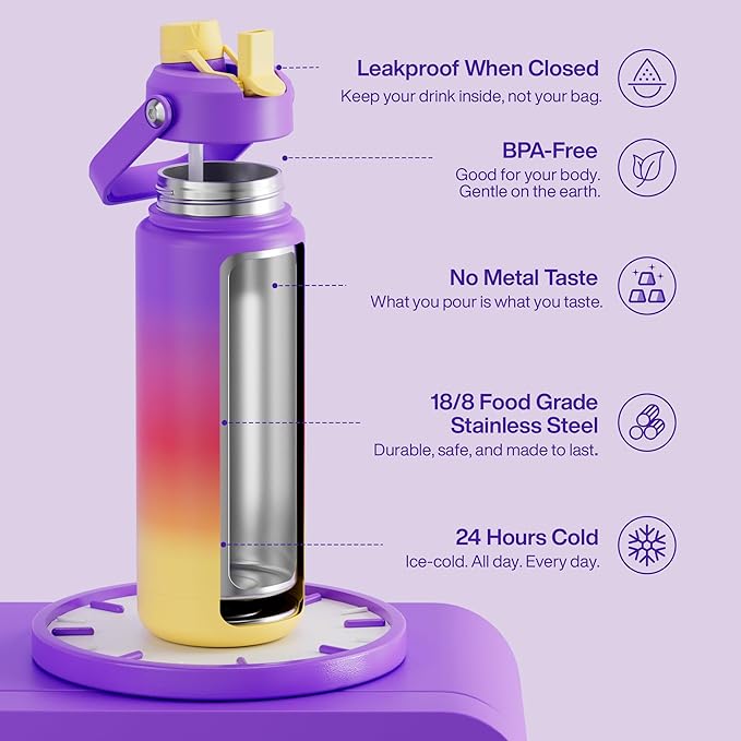 Insulated Water Bottle with Straw Stainless Steel Water Bottle, Leak-Proof, BPA-Free, Double Wall Vacuum Keeps Cold for 24 Hours for Sports, Travel, School (32 oz, Peach Dream)