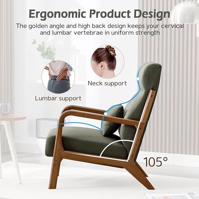 INZOY Mid Century Modern Accent Chair with High Back, Upholstered Living Room Chairs with Waist Cushion, Wood Frame Reading Armchair for Bedroom Sunroom, Green