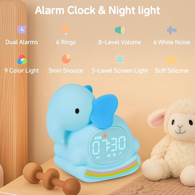 Alarm Clock for Kids with Night Light, Sleep Training Clock Time to Wake Clock, Rechargeable Silicone Light for Bedroom, Perfect Sleep Companion for Boys Girls,Blue Elephant