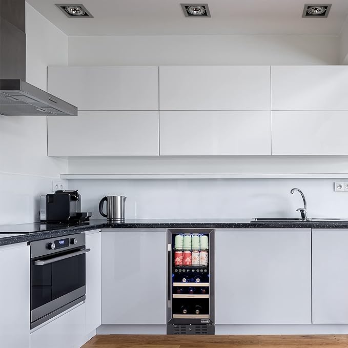 Newair 15" Wine and Beverage Refrigerator 9 Bottle and 48 Can Capacity, Beverage Cooler in Stainless Steel, Built-in or Freestanding Dual Zone Drink Fridge with Triple-Pane Glass Door