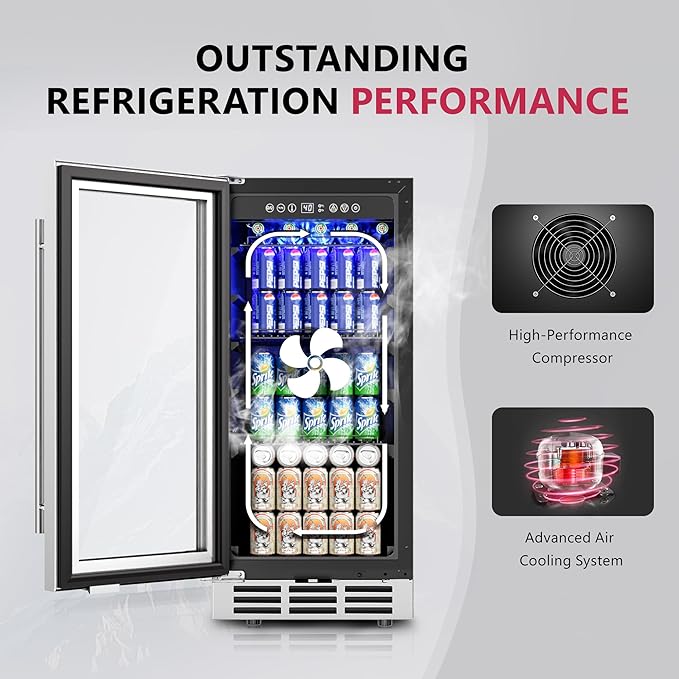 15'' Beverage Refrigerator Cooler - 126 Cans Under Counter Beverage Fridge with LED Light, Built-in Design, Wine Cooler for Home/Kitchen