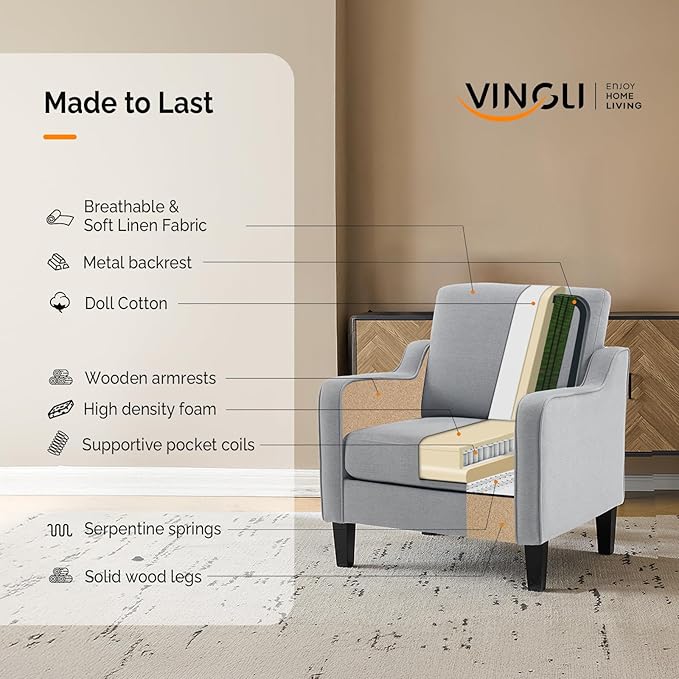 VINGLI Mid Century Modern Accent Chair, Light Grey Fabric Accent Chairs for Living Room Upholstered Armchair with Scooped Arms for Bedroom, Apartment, Studio, Office, Waiting Room