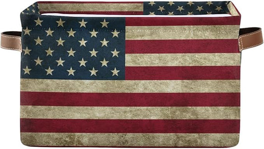 Storage Basket Bin Vintage Retro American Flag Organizer Basket Collapsible Shelf Basket Cube with handle for Nursery Bedroom Bathroom, one sizex1