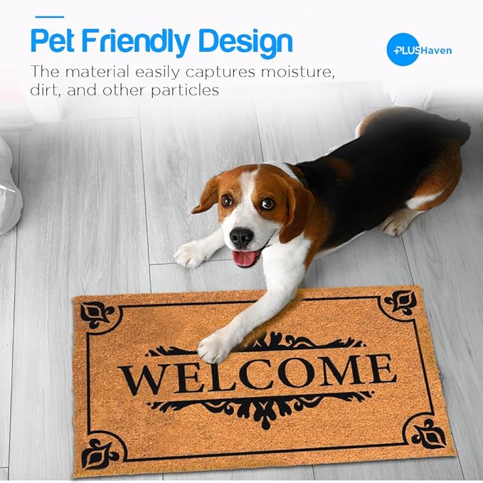 PLUS Haven Coco Coir Door Mat with Heavy Duty Backing, Natural Welcome Doormat, 17.5”x30” for Entrance, Front Porch, Easy to Clean Entry Mat, Outdoor and Indoor Uses, Home Décor