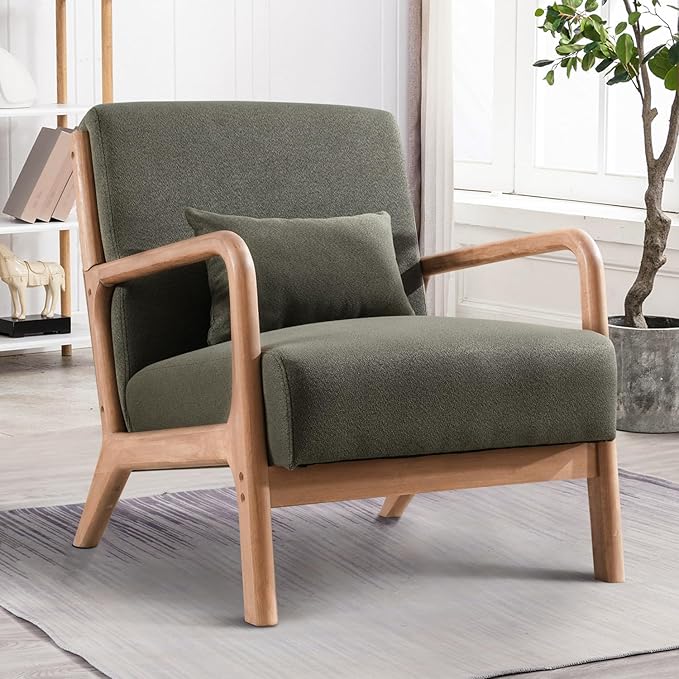 INZOY Mid-Century Modern Accent Chair Set of 2, Green Living Room Chairs with Waist Cushion, Upholstered Reading Armchair for Bedroom Sunroom