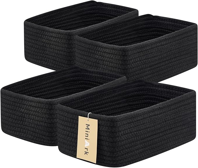 Small Storage Baskets for Organizing | Closet Organizer Bins | Shelf Toy Basket | Woven Rope Baskets | Cube Decorative Box | Shallow Basket | 11.5x7.5x4.7” | 4 Packs Black