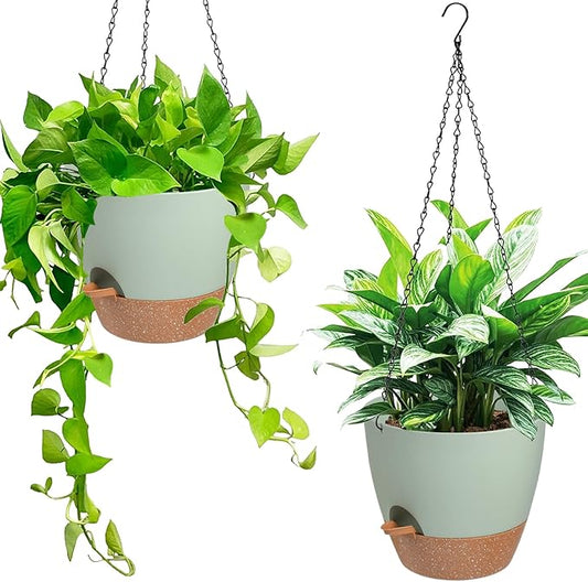 Hanging Planters for Indoor Outdoor Plants, 2 Pack Self Watering Hanging Pot with Drainage Holes & Removable Tray (Green, 6'')