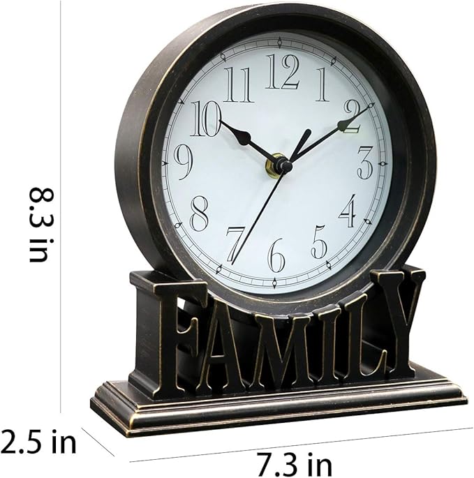 6.5 Inches Table Clock, Vintage Non-Ticking Family Mantel Desk Clock Battery Operated with Quartz Movement HD Glass for Kids Bedroom Living Room Office (Antique Black)