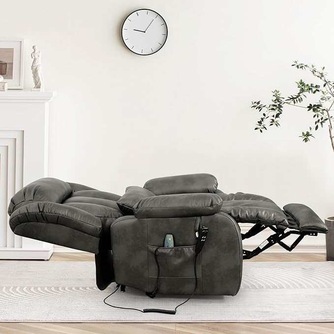 MAEVIS Large Genuine Leather Power Lift Recliner Chair, Dual Motor Recliner for Elderly,Extended Footrest and Lumbar Pillow for Tall Man,with Heat and Massage, USB and Type-C Ports(Silver Gray)