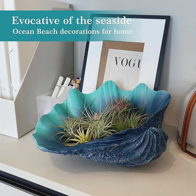 Extra Large Clam Shells Decorative Bowl-Caribbean Blue Sea Shells Decorative Storage Bowls for Coastal Beach theme house table centerpiece decorations & Nautical decor for coffee table-12.4"-1PC