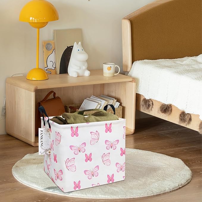 FANKANG Square Nursery Hamper Storage Bins Canvas Laundry Basket Foldable with Waterproof PE Coating Storage Baskets Gift Baskets for Children, Office, Bedroom, Clothes(Square-pink butterfly )