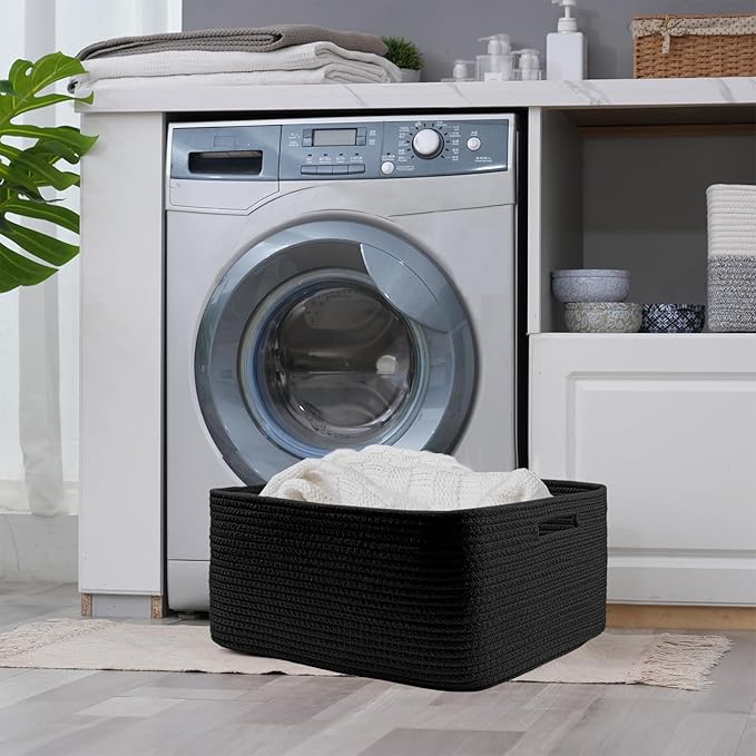 COMFY-HOMI Cotton Rope Woven Basket with Handles for Shelves,Toys,Book, Cloth Storage Baskets for Organizing-17" x 13" x 7.5" Toy Decorative Organizer for Living Room, Bathroom (all black)