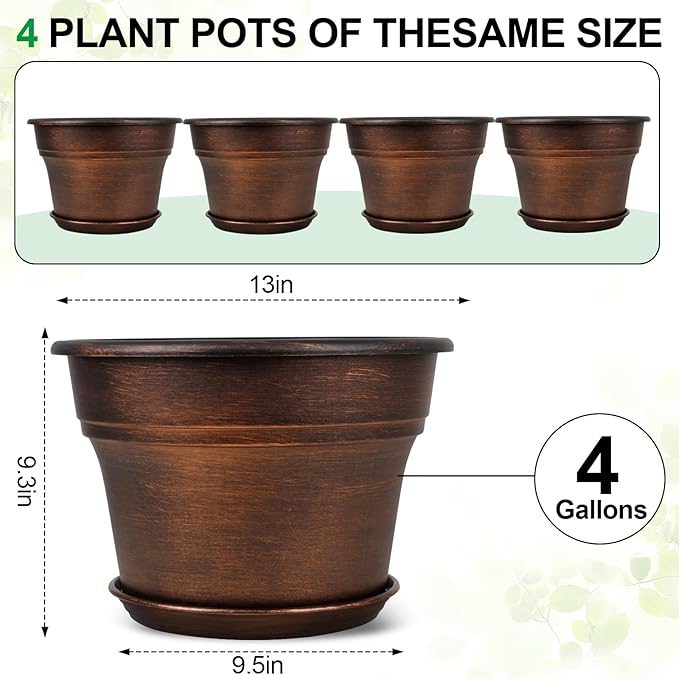 Plant Planters Pots Set of 4 Pack 13 Inch,Large Plastic Flower Pot for Indoor Plants with Drainage Holes & Trays, Resin Decorative Container Sets with Saucer for House Outdoor Garden Plant Copper