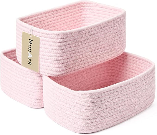 Small Storage Baskets for Organizing | Closet Organizer Bins | Shelf Toy Basket | Woven Rope Baskets | Cube Decorative Box | Shallow Basket | 11.5x7.5x4.7” | 3 Packs Light Pink