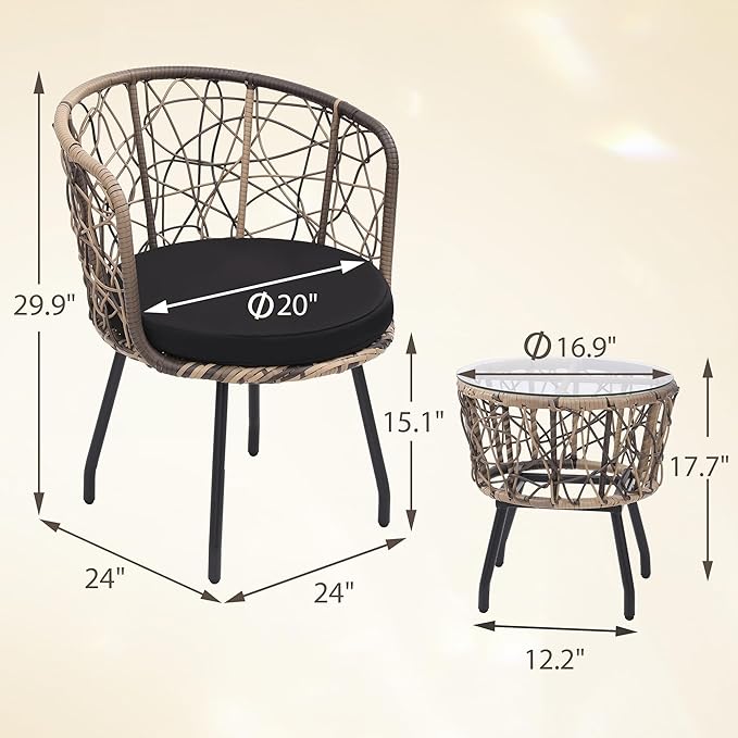 Kromax 3 Piece Bistro Set, Modern Outdoor Wicker Patio Furniture with Tempered Glass Table Top and 2 Chairs, Washable Cushions, Natural Rattan and Black Cushion