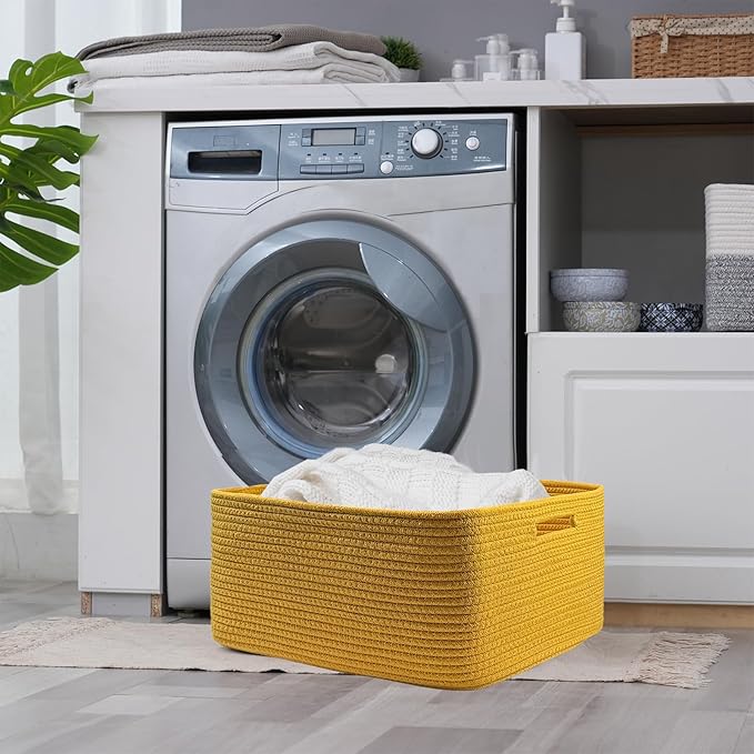 COMFY-HOMI Cotton Rope Woven Basket with Handles for Shelves,Toys,Book, Cloth Storage Baskets for Organizing-17" x 13" x 7.5" Toy Decorative Organizer for Living Room, Bathroom (Yellow)
