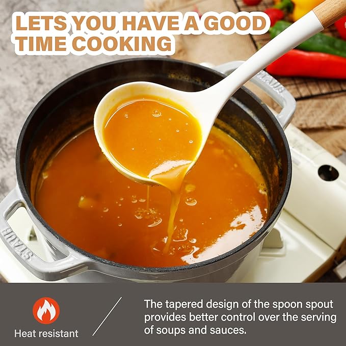 QMVESS Silicone Cooking Utensils Set, Kitchen Utensils Set 7 Pcs with Long Wooden Handle, Food Grade and Heat Resistant Large Silicone Spatula Set for Nonstick Cookware, BPA Free(White)