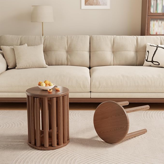 Stackable Stools Set of 4, Wooden Stools 18 Inch Stool Nesting Side Tables Nesting Coffee Table Sturdy and Durable, No Installation Required,Top Stackable Round Stool for Saving space(Walnut Barstool)