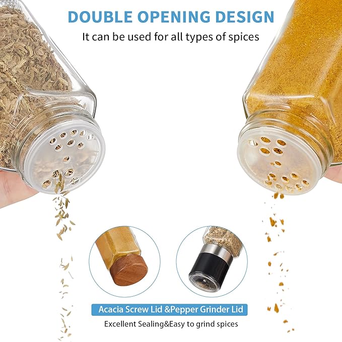 Yangbaga 34Pcs Glass Spice Jars with Labels-4oz Acacia Wood Lid Square Spice Containers with Pepper Grinder Lids &Funnel,Seasoning Jars for Rack Cabinet Drawer