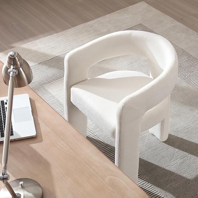 White Chenille Dining Chairs Set of 2, Modern Barrel Dining Room Chairs Upholstered Accent Chair with Arms and Round Back for Living Room Kitchen Armchair No Assembly Needed