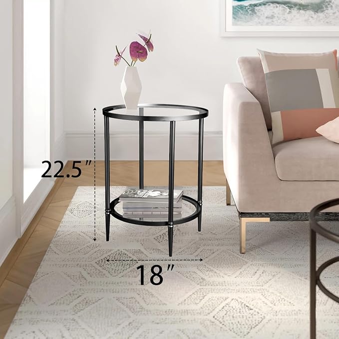 2 Tier Round Side Table, Black End Table with Glass Top, Modern Metal Clear Coffee Table,Small Accent Table for Living Room, Bedroom, 18" x 18" x 24"