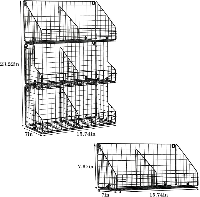 X-cosrack 3 Tier Large Stackable Snack Organizer - Versatile Wall Mounted Wire Storage Basket with Divider for Candy Chip Cans Bars - Ideal for Pantry Office Home