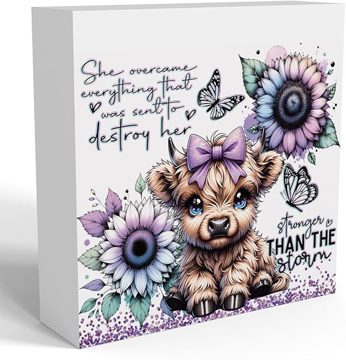 Cute Highland Cow Baby Decor, Highland Cow Sunflower Decor, Highland Cow Gifts for women, Highland Cow Nursery Decor, Wooden Box Decor Sign for Home Farmhouse Office Living Room Table Shelf