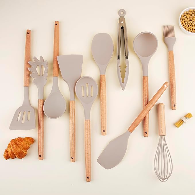 Silicone Cooking Utensils Set, Premium Beech Wood Handle Kitchen Gadgets Utensil Set, Non-Stick Kitchen Utensils Spatula, Tongs, Turner, Whisk, Brush, Spoon, BPA FREE, 446°F Resistant (Khaki)