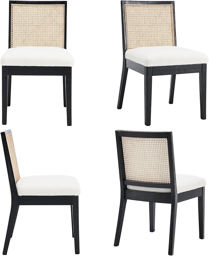 VESCASA Upholstered Dining Chairs with Square Rattan Back, Armless Padded Sherpa Fleece Cushion Dining Chairs with Wood Legs for Dining Room, Kitchen, Set of 4, Black Frame