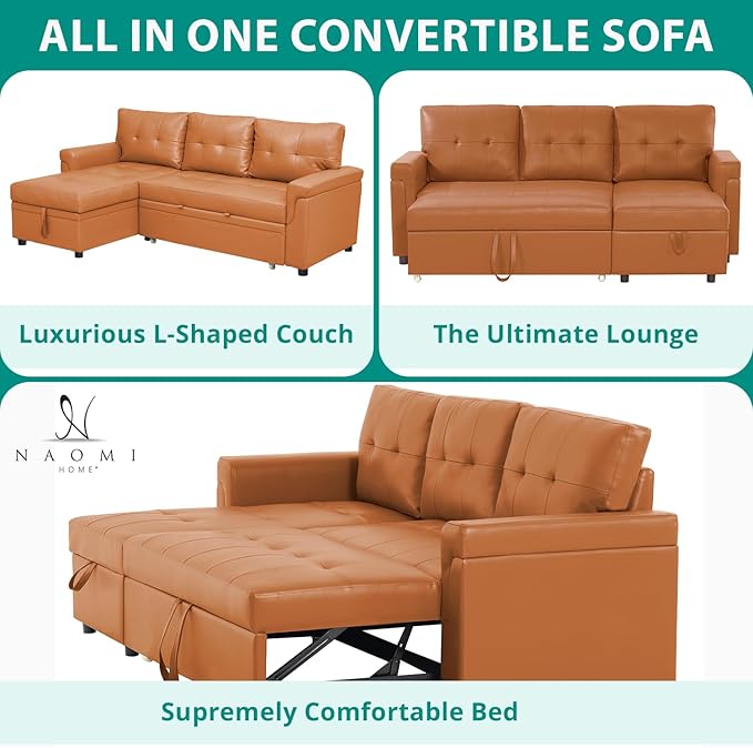 Naomi Home Transform Any Space: Sleeper Sectional Sofa with Convertible Sofa Bed & Inviting Chaise. Find Tranquil Comfort with Stress-Relieving Design & Durable Cushions - Caramel,Air Leather