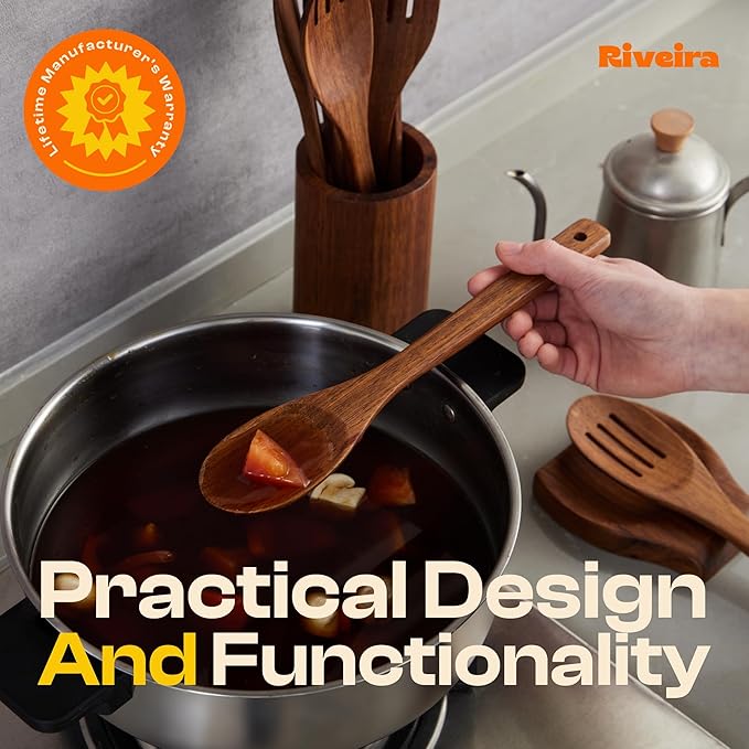 Riveira Teak Wooden Spoons for Cooking Set of 3 – Natural Teak Wooden Cooking Utensils, Wooden Spatula, Wooden Spoon - Premium Quality Wooden Utensil Set for Non-Toxic Cooking