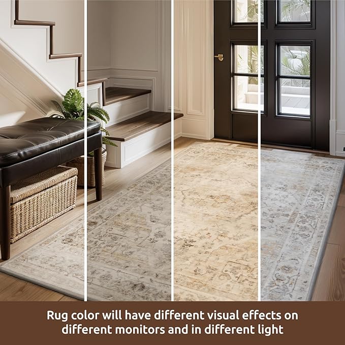 AMOAMI-3X5 Area Rug-Soft Washable Vintage Throw Accent Rugs for Living Room, Entryway, Bedroom, Kitchen, Bathroom, Laundry Room, Kitchen, Bathroom, Bedside, No Slip Beige