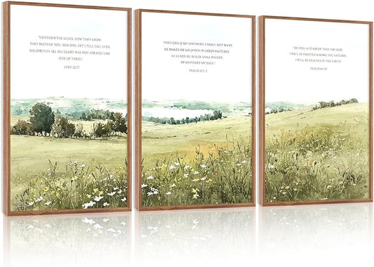 KAIRNE Scripture Christian Canvas Wall Art,Bible Verse Prints Set of 3(16”X24”),Modern Scripture Floral Wall Decor,Framed Green Countryside Field Paintings for Living Room Bedroom Ding Room Decor