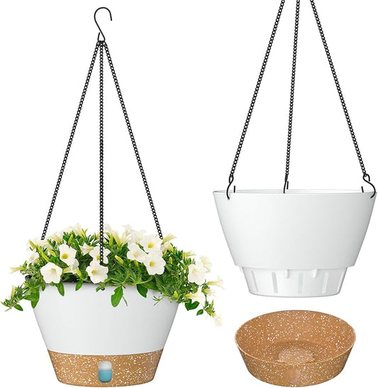 ZMTECH 8 Inch Hanging Planters for Indoor Plants, Hanging Baskets for Plants Outdoor with Visible Water Level, Hanging Flower Pots with Drainage Holes & Removable Tray(2 Pack, White)