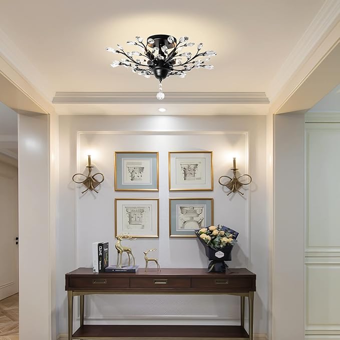 Ganeed Crystal Chandeliers,Vintage K9 Clear LED Ceiling Lighting,Edison Pendant Light Flush Mounted Fixture with 4 Light for Living Room Dinning Room Restaurant Porch Hallway (Black)