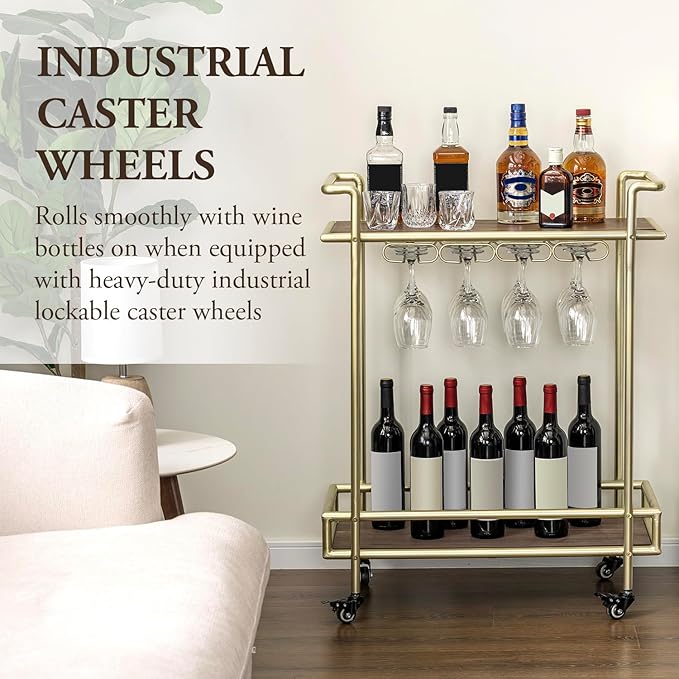 MyGift 2 Tier Rolling Bar Cart, Vintage Brass Tone Metal Cocktail and Wine Trolley with Burnt Wood Shelf Trays, Wine Glass Stemware Holder Rack and Lockable Wheels