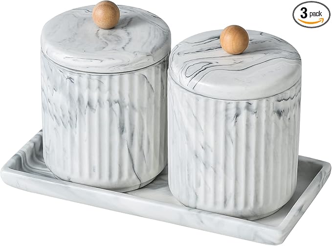 Marble Small Bathroom Jar Set ,Ceramic Cotton Swabs Holder with Lid and Dresser Organizer Set Tray for Storage and Organizing in Bathroom, Dresser, Kitchen, Office