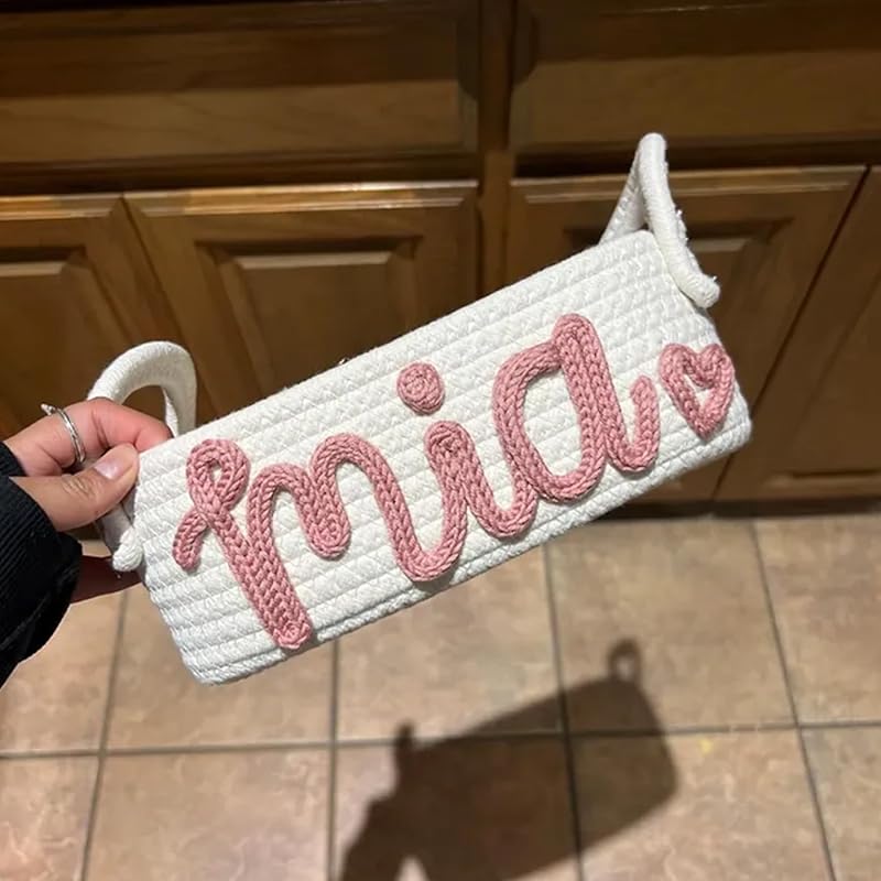 Personalized Baby Name Basket, Custom Woven Baby Shower Gift Basket with Cotton Rope Handle Baby Diaper Nursery Shelf Storage Basket Bin for Kids' Bedroom (Style 1)