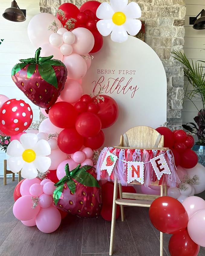 Strawberry Balloons Arch Garland Kit, 135PCS Red and Pink Balloons with Strawberry Daisy Foil Balloons for Sweet Girl Berry First Birthday Decor Baby Shower Themed Party Decorations