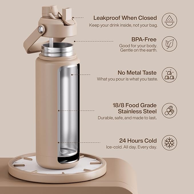Insulated Water Bottle with Straw Stainless Steel Water Bottle, Leak-Proof, BPA-Free, Double Wall Vacuum Keeps Cold for 24 Hours for Sports, Travel, School (32 oz, Raw Umber)