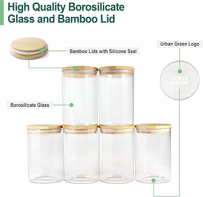 Urban Green Glass Jars with Airtight Lids, Airtight Glass Canisters with Locking Lids, (Bamboo-6P-26oz)