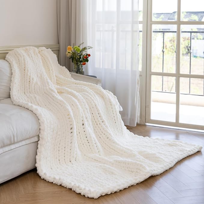Chunky Knit Blanket - Luxury Soft Cozy 60 * 80 Throw Blanket,100% Woven Blanket Rope Knot Throw Blanket for Couch, Sofa, Home Decor, Gift - Machine Washable(Milk White)