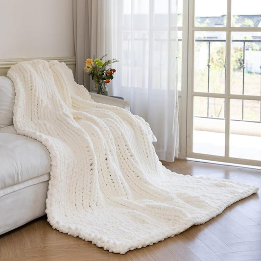 Chunky Knit Blanket - Luxury Soft Cozy 60 * 80 Throw Blanket,100% Woven Blanket Rope Knot Throw Blanket for Couch, Sofa, Home Decor, Gift - Machine Washable(Milk White)