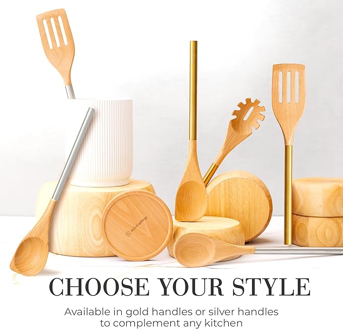 STYLED SETTINGS Wood Cooking Utensils Set with Stainless Steel Handles – 6-PC Durable Wooden Spoons for Cooking, Serving, & Mixing – Kitchen Utensils Set for Nonstick Cookware, Great for Gifting