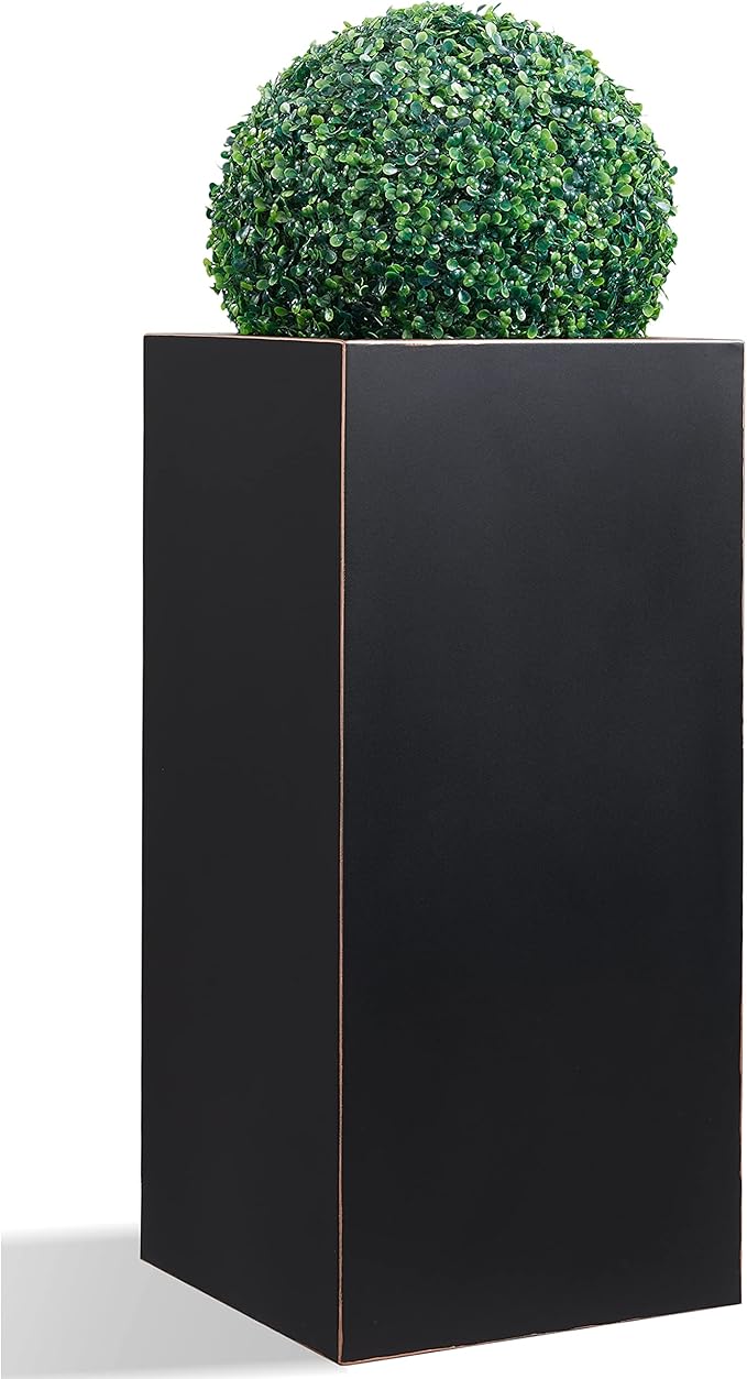 Metallic Heavy Tall Outdoor/Indoor Planter Box 14Lx14Wx30H Inches Rectangular Large Flowerpot, Tall Metal Planter Box for Front Porch 25 Pounds, No Assembly Required, Black, 1 Pack