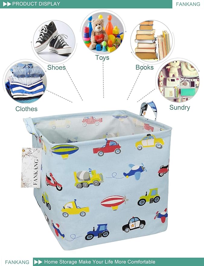 FANKANG Square Nursery Hamper Storage Bins Canvas Laundry Basket Foldable with Waterproof PE Coating Storage Baskets Gift Baskets for Children, Office, Bedroom, Clothes(Square-Car )