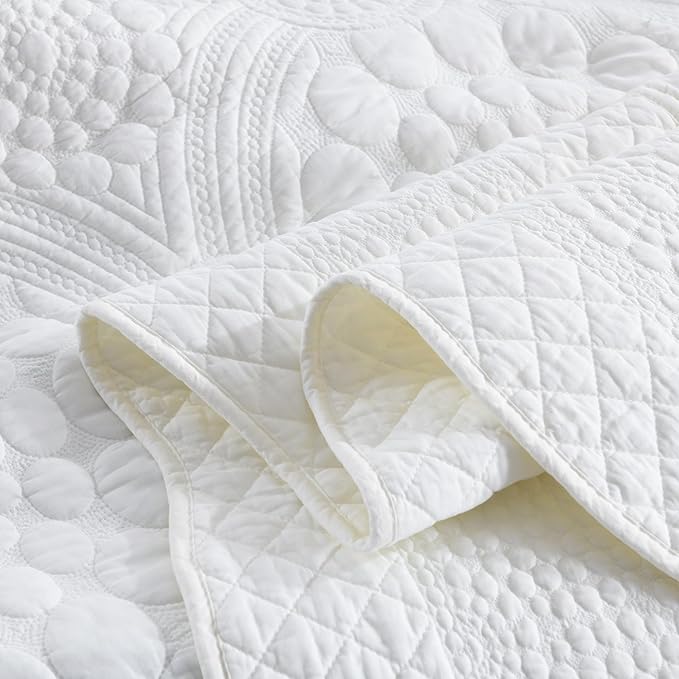 MarCielo 3-Piece 100% Cotton Oversized Bedspread Lightweight Quilt Coverlet Embroidery Farmhouse Bedding (Tf Bright White, Oversized Queen (100"x106"))