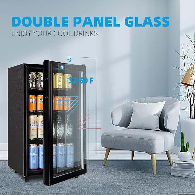 WANAI Mini Fridge Cooler 125Cans Beverage Refrigerator Glass Door Beverage Cooler for Beers Wine Juicer Adjustable Shelves LED Lights for Home, Office or Bar