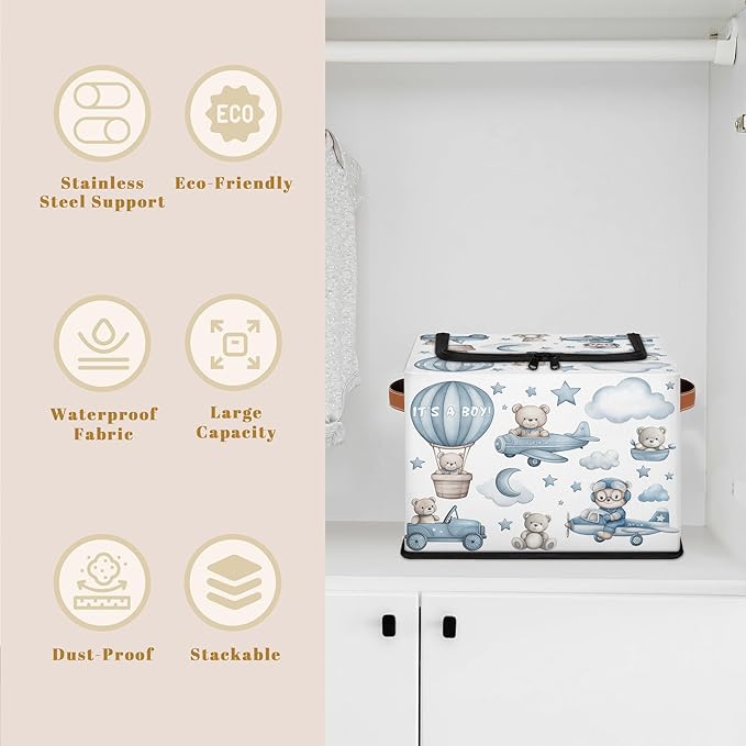 Rectangular Storage Baskets for Shelves - Waterproof Foldable Laundry Basket, Nursery Hamper, Reusable Toy Bin for Organizing Toys, Books, Clothes, Closet 14"x10.2" x10.4" (Little Bear)