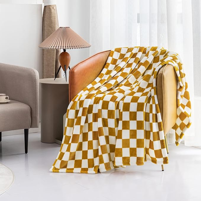 LOMAO Throw Blankets Flannel Blanket with Checkerboard Grid Pattern Soft Throw Blanket for Couch, Bed, Sofa Luxurious Warm and Cozy for All Seasons (Yellow, 50"x60")